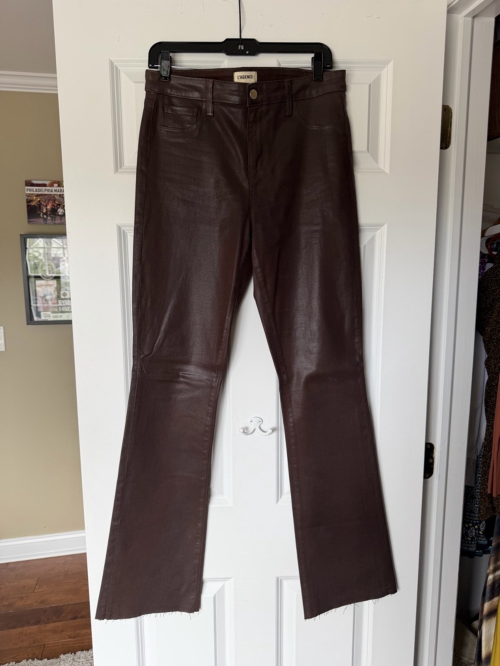 L'AGENCE Brown Leather Pants with Classic Waistband